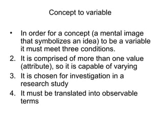 Concept to variable In order for a concept (a mental image that symbolizes an idea) to be a variable it must meet three conditions. It is comprised of more than one value (attribute), so it is capable of varying It is chosen for investigation in a research study It must be translated into observable terms 