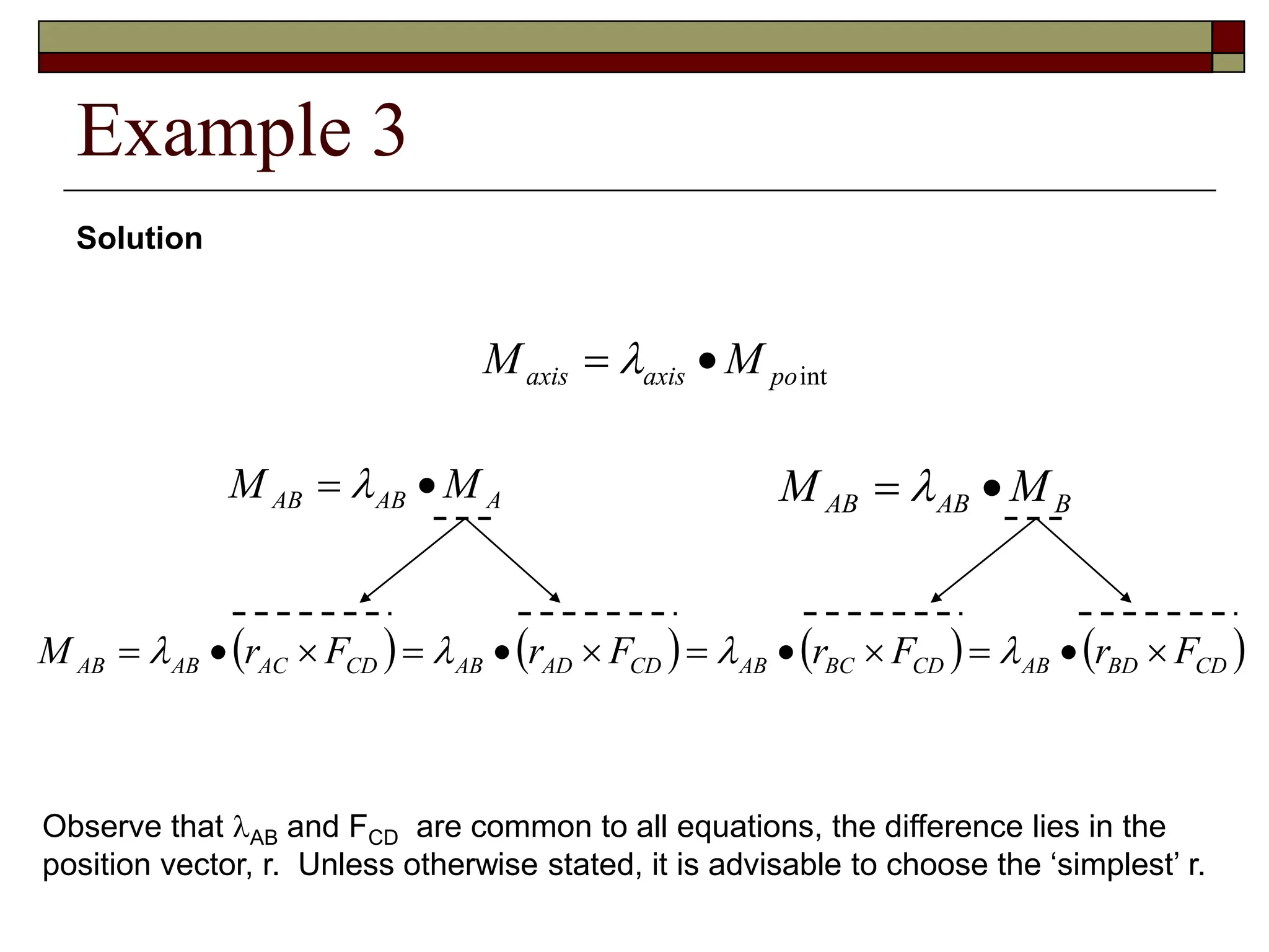 Example 3
A
AB
AB M
M 
  B
AB
AB M
M 
 
int
po
axis
axis M
M 
 
Solution
       
CD
BD
AB
CD
BC
AB
CD
AD
AB
CD
AC
AB
AB F
r
F
r
F
r
F
r
M 










 



Observe that AB and FCD are common to all equations, the difference lies in the
position vector, r. Unless otherwise stated, it is advisable to choose the ‘simplest’ r.
 