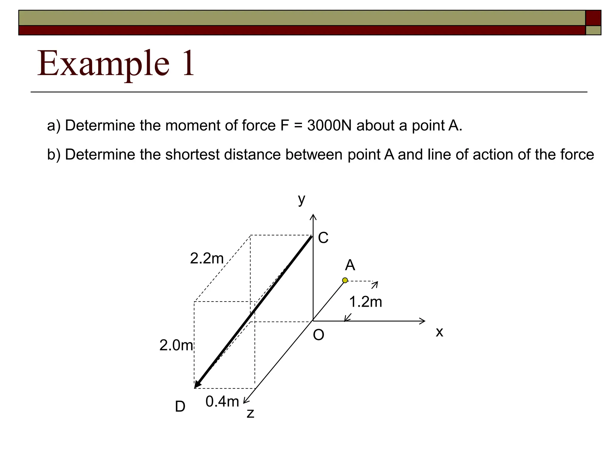 Example 1
b) Determine the shortest distance between point A and line of action of the force
a) Determine the moment of force F = 3000N about a point A.
x
y
z
D
2.2m
2.0m
0.4m
O
C
A
1.2m
 