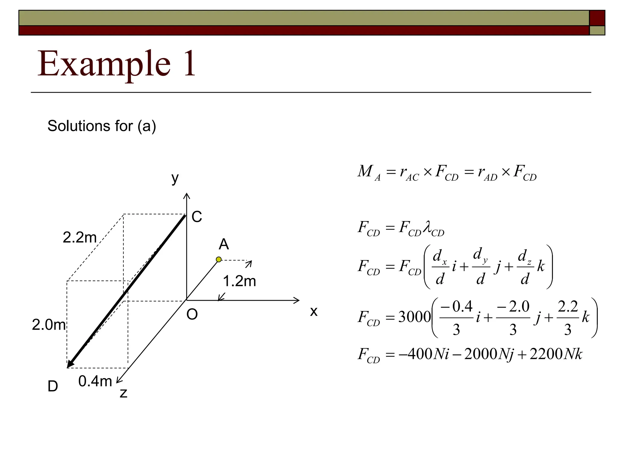 Example 1
Nk
Nj
Ni
F
k
j
i
F
k
d
d
j
d
d
i
d
d
F
F
F
F
CD
CD
z
y
x
CD
CD
CD
CD
CD
2200
2000
400
3
2
.
2
3
0
.
2
3
4
.
0
3000


























 
Solutions for (a)
x
y
z
D
2.2m
2.0m
0.4m
O
C
A
1.2m
CD
AD
CD
AC
A F
r
F
r
M 



 