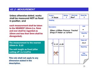 Unless otherwise stated, works
shall be measured NETT as fixed
in position, and
A3 .2A3 .2A3 .2A3 .2A3 .2A3 .2A3 .2A3 .2 -------- MEASUREMENTMEASUREMENTMEASUREMENTMEASUREMENTMEASUREMENTMEASUREMENTMEASUREMENTMEASUREMENT
Project: Bill No. Elmt/trde Sheet No.
Heading
Description Unit
Quantity
RoofA house
m
50mm x100mm Pressure Treated
Group B timber as rafters
6
11
each measurement shall be taken
to the NEAREST 10mm (i.e. 5mm
and over shall be regarded as
10mm and less than 5mm shall be
disregarded).
25
Taker-off
Squaring
Chk.
Squaring
3.13
-----
2
6.26
-----
Rosli
This rule shall not apply to any
dimension stated in the
description.
The measurement to the nearest
10mm is 3.133.13
The nett length as fixed (after
cutting off ) is 3.127m3.127m 3.127
-----
 