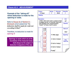 Project: Bill No. Elmt/trde Sheet No.
Heading
Description Unit
Quantity
Taker-off
Example of the “taking-off”
where deduction is made for the
opening or voids.
Clause A3.4Clause A3.4Clause A3.4Clause A3.4Clause A3.4Clause A3.4Clause A3.4Clause A3.4 -------- MEASUREMENTMEASUREMENTMEASUREMENTMEASUREMENTMEASUREMENTMEASUREMENTMEASUREMENTMEASUREMENT
WallsA House
m2115mm thick brick wall in common bricks
in gauged mortar in stretcher bond with
and including brick reinformcement
“exmet” at every fourth course
4.50
11
Refer toRefer toRefer toRefer to Clause 2aClause 2aClause 2aClause 2a ofofofof Section GSection GSection GSection G ––––
BrickworkBrickworkBrickworkBrickwork which stated thatwhich stated thatwhich stated thatwhich stated that “No
deduction shall be made for voids not
exceeding 0.10m2”
28
Taker-off
Squaring
Chk.
Squaring
4.50
3.20
------ Rosli
1.20
1.20
------
0.30
0.30
------
F-Wdw opng)
A-Void at bndry)
0.40
0.40
------ E-Void at bndry)
Openings or wants which are at the
boundaries of the measured areas
shall always be the subject of
deduction irrespective of the size. 0.70
0.90
------
D-Void at bndry)
Therefore, no deduction is made forTherefore, no deduction is made forTherefore, no deduction is made forTherefore, no deduction is made for
opening ‘A’opening ‘A’opening ‘A’opening ‘A’
0.60
0.70
------
B-opng)
 