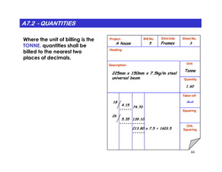 A7.2A7.2A7.2A7.2A7.2A7.2A7.2A7.2 -------- QUANTITIESQUANTITIESQUANTITIESQUANTITIESQUANTITIESQUANTITIESQUANTITIESQUANTITIES
Where the unit of billing is the
TONNE, quantities shall be
billed to the nearest two
places of decimals.
Project: Bill No. Elmt/trde Sheet No.
Heading
Description Unit
Quantity
FramesA house
Tonne
225mm x 150mm x 7.5kg/m steel
universal beam
35
1.60
44
Taker-off
Squaring
Chk.
Squaring
4.15
------
18 Rosli
5.35
------
74.70
139.10
------
213.80 x 7.5 = 1603.5
------
26
1.60
 
