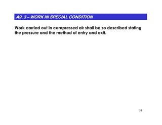 A9 .3A9 .3A9 .3A9 .3A9 .3A9 .3A9 .3A9 .3 –––––––– WORK IN SPECIAL CONDITIONWORK IN SPECIAL CONDITIONWORK IN SPECIAL CONDITIONWORK IN SPECIAL CONDITIONWORK IN SPECIAL CONDITIONWORK IN SPECIAL CONDITIONWORK IN SPECIAL CONDITIONWORK IN SPECIAL CONDITION
Work carried out in compressed air shall be so described stating
the pressure and the method of entry and exit.
54
 