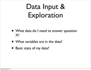 Data Input &
                               Exploration

                      • What data do I need to answer question
  ...
