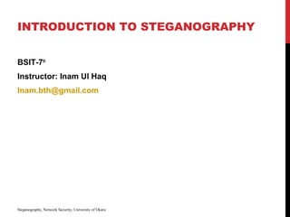INTRODUCTION TO STEGANOGRAPHY
BSIT-7th
Instructor: Inam Ul Haq
Inam.bth@gmail.com
Steganography, Network Security, University of Okara
 