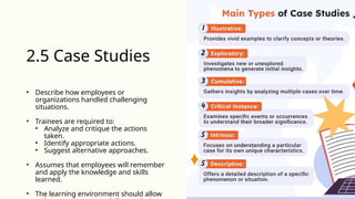 • Describe how employees or
organizations handled challenging
situations.
• Trainees are required to:
• Analyze and critique the actions
taken.
• Identify appropriate actions.
• Suggest alternative approaches.
• Assumes that employees will remember
and apply the knowledge and skills
learned.
• The learning environment should allow
2.5 Case Studies
 