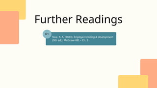 Further Readings
01
Noe, R. A. (2023). Employee training & development.
(9th ed.). McGraw-Hill. – Ch. 5
 