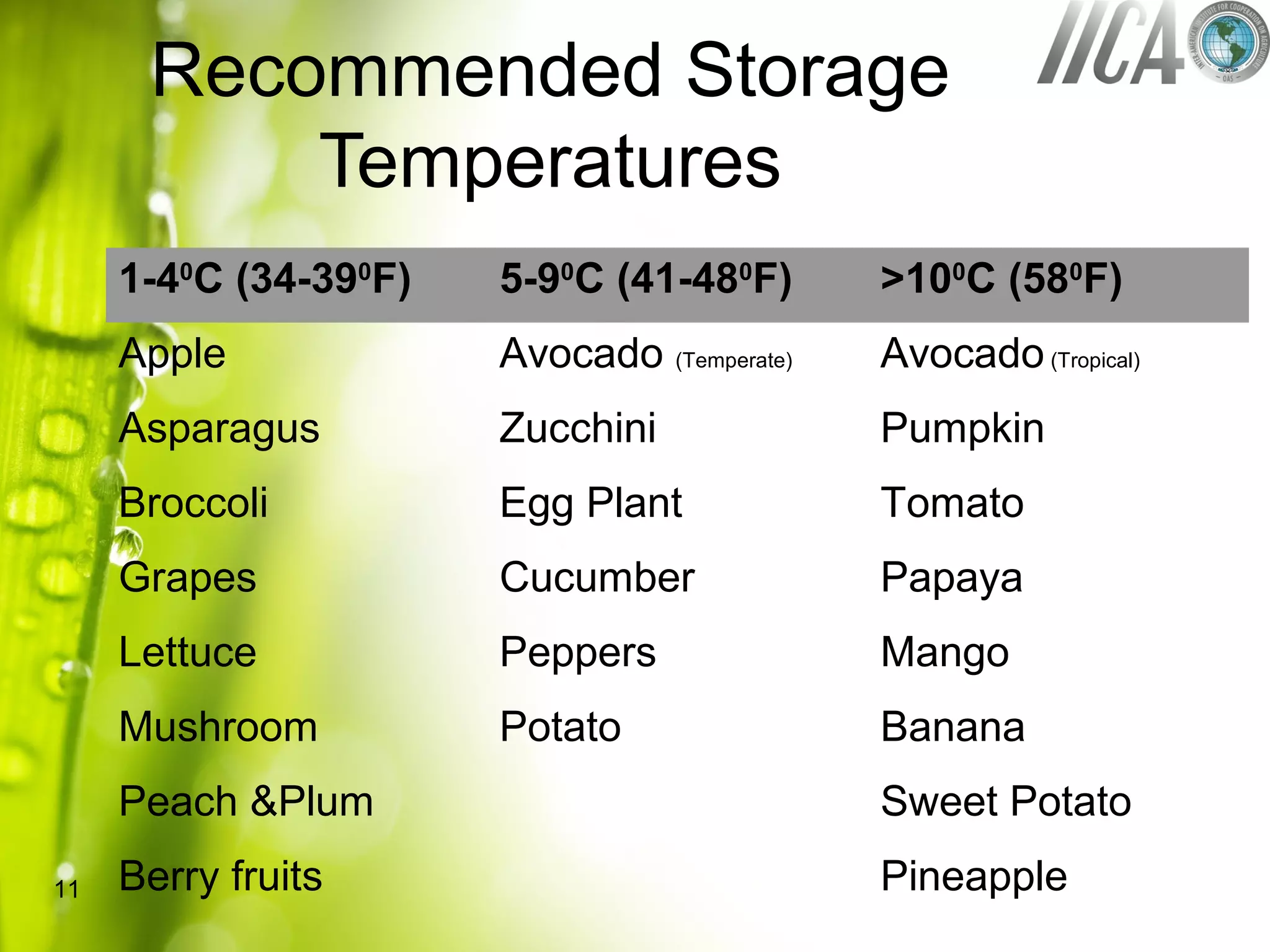 Recommended Storage
Temperatures
1-40
C (34-390
F) 5-90
C (41-480
F) >100
C (580
F)
Apple Avocado (Temperate) Avocado(Tropical)
Asparagus Zucchini Pumpkin
Broccoli Egg Plant Tomato
Grapes Cucumber Papaya
Lettuce Peppers Mango
Mushroom Potato Banana
Peach &Plum Sweet Potato
Berry fruits Pineapple11
 