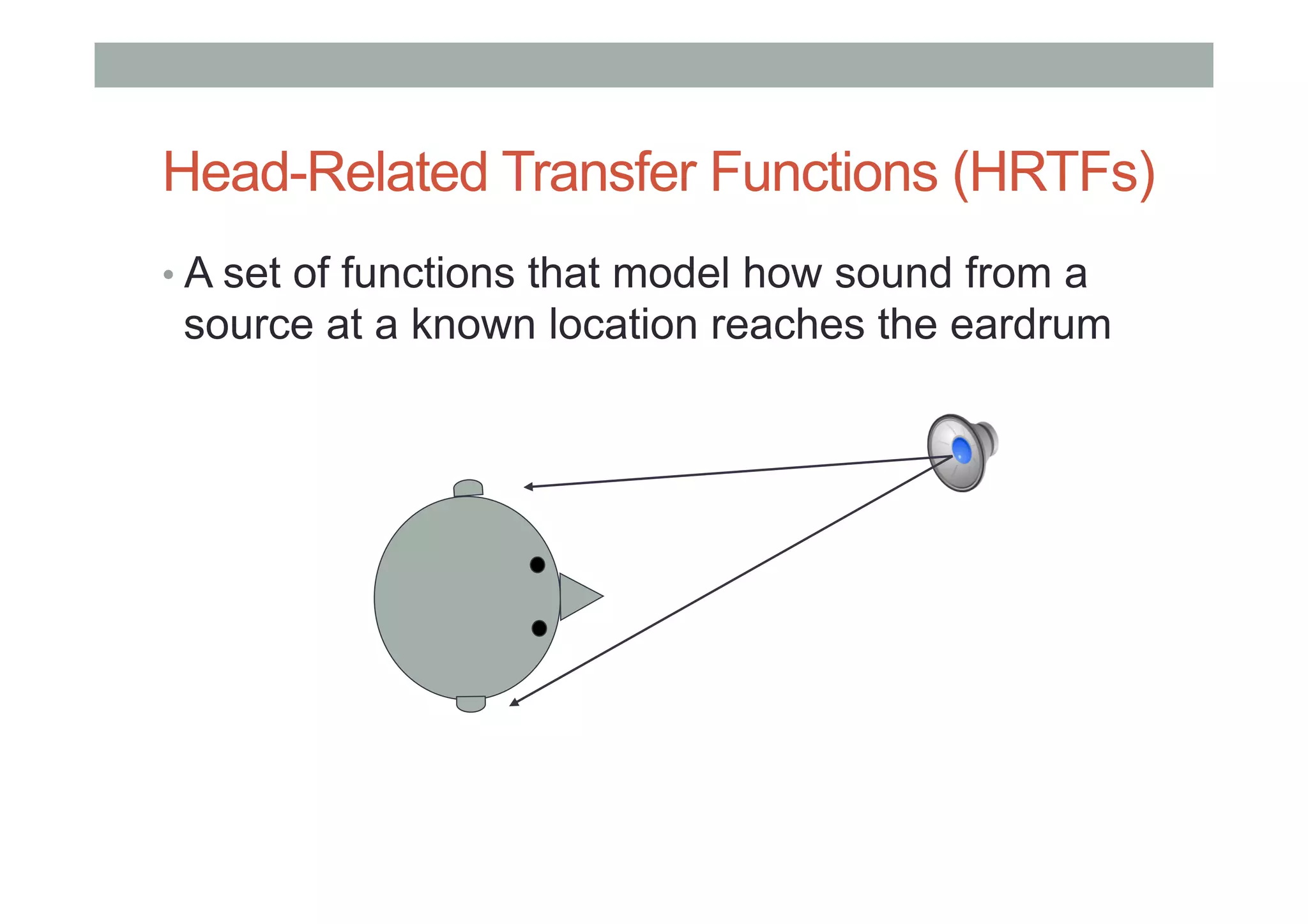 Head-Related Transfer Functions (HRTFs)
• A set of functions that model how sound from a
source at a known location reaches the eardrum
 
