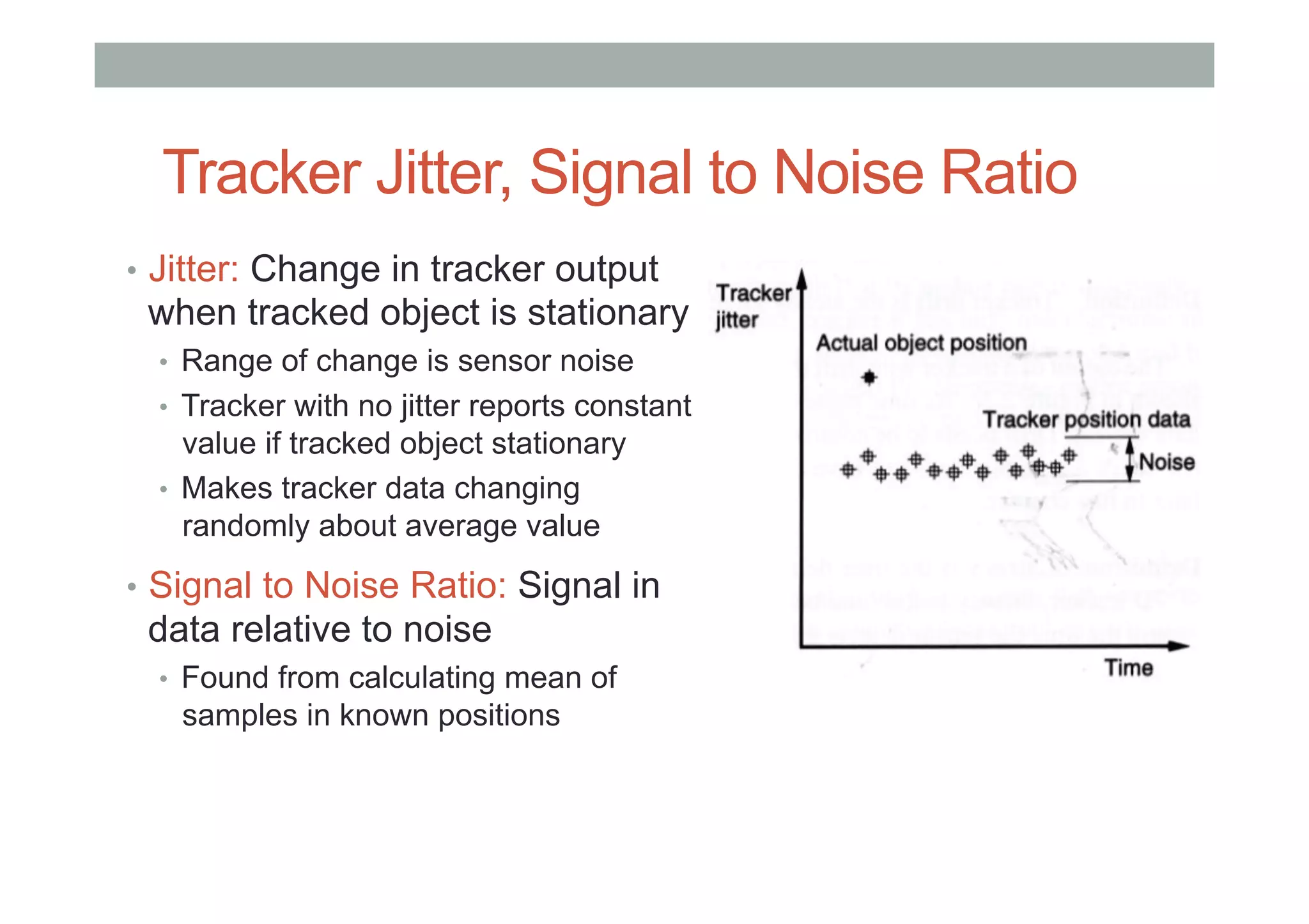 Tracker Jitter, Signal to Noise Ratio
•  Jitter: Change in tracker output
when tracked object is stationary
•  Range of change is sensor noise
•  Tracker with no jitter reports constant
value if tracked object stationary
•  Makes tracker data changing
randomly about average value
•  Signal to Noise Ratio: Signal in
data relative to noise
•  Found from calculating mean of
samples in known positions
 