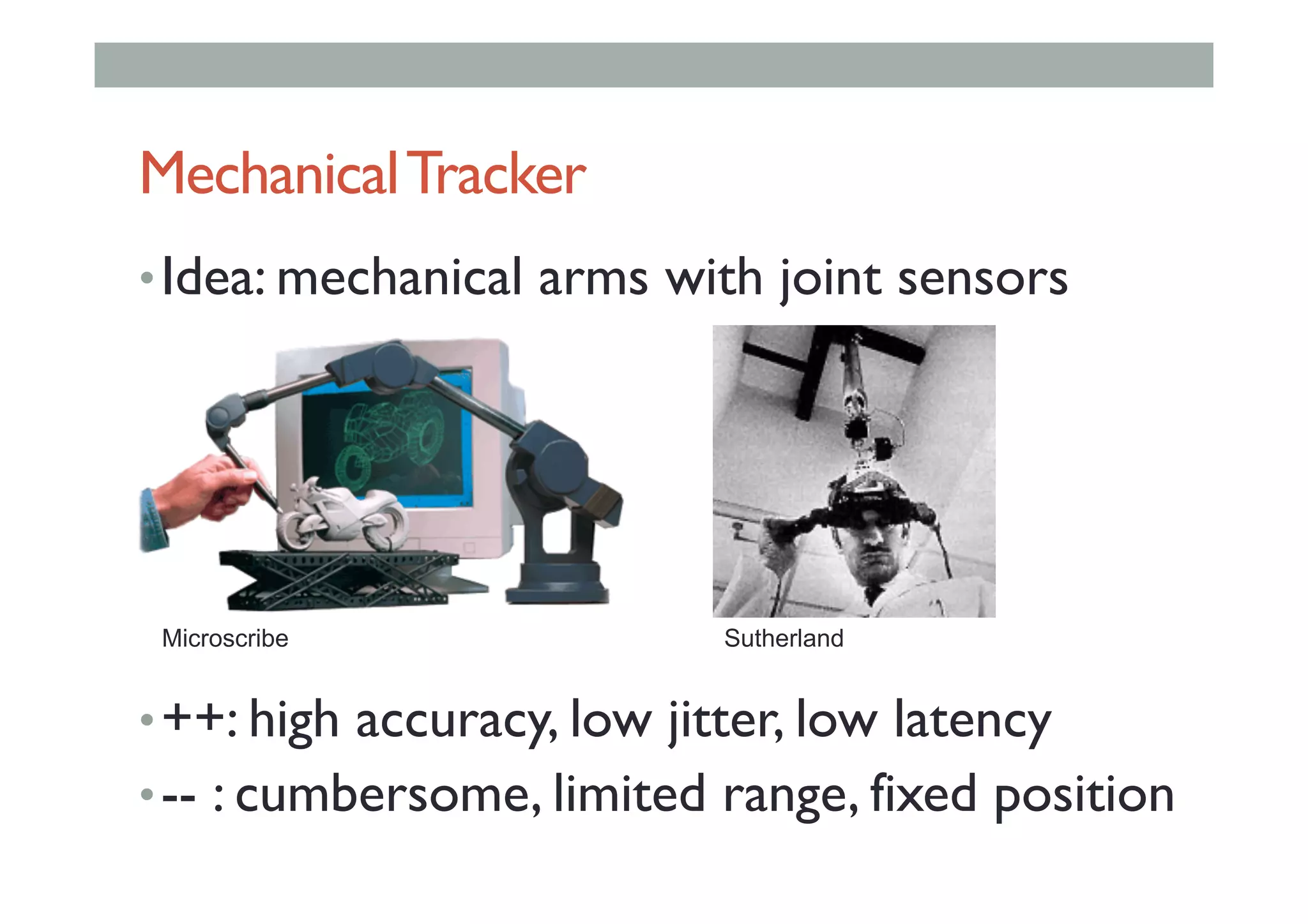 MechanicalTracker
• Idea: mechanical arms with joint sensors
• ++: high accuracy, low jitter, low latency
• -- : cumbersome, limited range, fixed position
Microscribe Sutherland
 