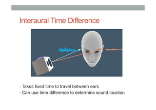 Interaural Time Difference
•  Takes fixed time to travel between ears
•  Can use time difference to determine sound location
 