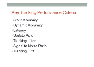 Key Tracking Performance Criteria
• Static Accuracy
• Dynamic Accuracy
• Latency
• Update Rate
• Tracking Jitter
• Signal to Noise Ratio
• Tracking Drift
 