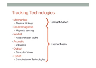 Tracking Technologies
•  Mechanical
•  Physical Linkage
•  Electromagnetic
•  Magnetic sensing
•  Inertial
•  Accelerometer, MEMs
•  Acoustic
•  Ultrasonic
•  Optical
•  Computer Vision
•  Hybrid
•  Combination of Technologies
Contact-less
Contact-based
 