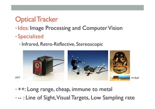OpticalTracker
• Idea: Image Processing and ComputerVision
• Specialized
• Infrared, Retro-Reflective, Stereoscopic
• ++: Long range, cheap, immune to metal
• -- : Line of Sight,Visual Targets, Low Sampling rate
ART Hi-Ball
 
