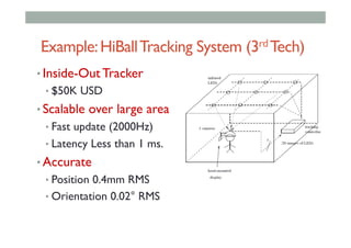 Example:HiBallTracking System (3rd Tech)
• Inside-Out Tracker
• $50K USD
• Scalable over large area
• Fast update (2000Hz)
• Latency Less than 1 ms.
• Accurate
• Position 0.4mm RMS
• Orientation 0.02° RMS
 