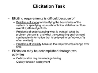 Elicitation Task
• Eliciting requirements is difficult because of
– Problems of scope in identifying the boundaries of the
system or specifying too much technical detail rather than
overall system objectives
– Problems of understanding what is wanted, what the
problem domain is, and what the computing environment
can handle (Information that is believed to be "obvious" is
often omitted)
– Problems of volatility because the requirements change over
time
• Elicitation may be accomplished through two
activities
– Collaborative requirements gathering
– Quality function deployment
 