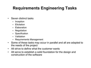Requirements Engineering Tasks
• Seven distinct tasks
– Inception
– Elicitation
– Elaboration
– Negotiation
– Specification
– Validation
– Requirements Management
• Some of these tasks may occur in parallel and all are adapted to
the needs of the project
• All strive to define what the customer wants
• All serve to establish a solid foundation for the design and
construction of the software
 