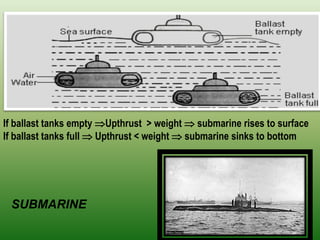 If ballast tanks empty Upthrust > weight  submarine rises to surface If ballast tanks full  Upthrust < weight  submarine sinks to bottom 
SUBMARINE  