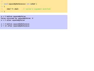 x = 2 before squareByValue
Value returned by squareByValue: 4
x = 2 after squareByValue
z = 4 before squareByReference
z = 16 after squareByReference
32
33 void squareByReference( int &cRef )
34 {
35 cRef *= cRef; // caller's argument modified
36 }
 