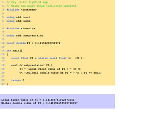 1 // Fig. 3.24: fig03_24.cpp
2 // Using the unary scope resolution operator
3 #include <iostream>
4
5 using std::cout;
6 using std::endl;
7
8 #include <iomanip>
9
10 using std::setprecision;
11
12 const double PI = 3.14159265358979;
13
14 int main()
15 {
16 const float PI = static_cast< float >( ::PI );
17
18 cout << setprecision( 20 )
19 << " Local float value of PI = " << PI
20 << "nGlobal double value of PI = " << ::PI << endl;
21
22 return 0;
23 }
Local float value of PI = 3.141592741012573242
Global double value of PI = 3.141592653589790007
 