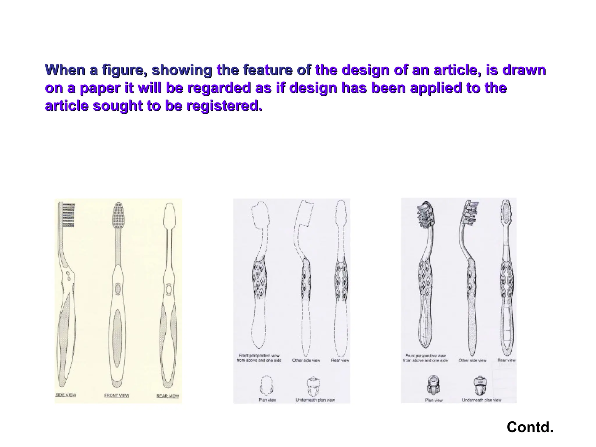 Contd.
When a figure, showing
When a figure, showing t
the fea
he feat
ture of
ure of the design of an article, is drawn
the design of an article, is drawn
on a paper it will be regarded as if design has been applied to the
on a paper it will be regarded as if design has been applied to the
article sought to be registered.
article sought to be registered.
 
