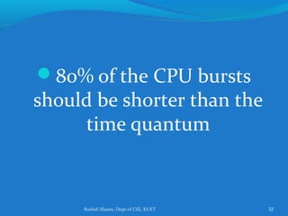 Rushdi Shams, Dept of CSE, KUET 32
80% of the CPU bursts
should be shorter than the
time quantum
 
