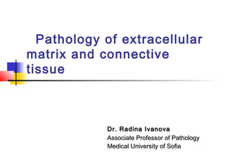 Pathology of extracellular
matrix and connective
tissue
Dr. Radina IvanovaDr. Radina Ivanova
Associate Professor of PathologyAssociate Professor of Pathology
Medical University of SofiaMedical University of Sofia
 