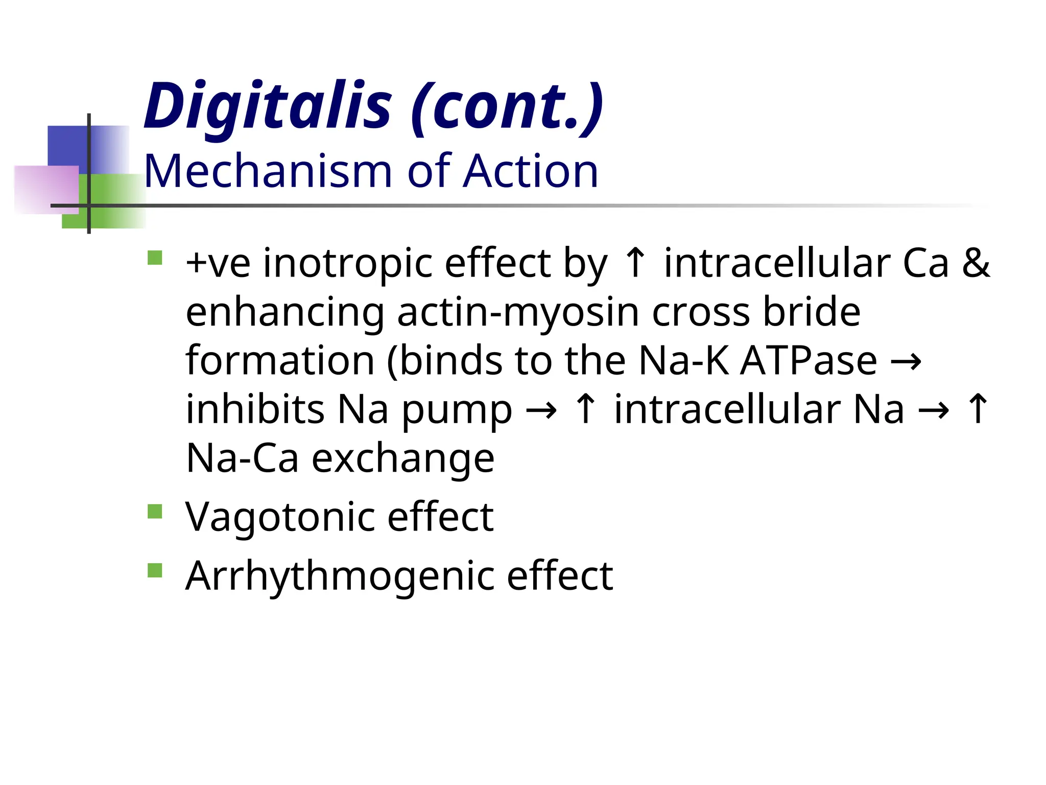 Digitalis (cont.)
Mechanism of Action
 +ve inotropic effect by intracellular Ca &
↑
enhancing actin-myosin cross bride
formation (binds to the Na-K ATPase →
inhibits Na pump intracellular Na
→ ↑ → ↑
Na-Ca exchange
 Vagotonic effect
 Arrhythmogenic effect
 