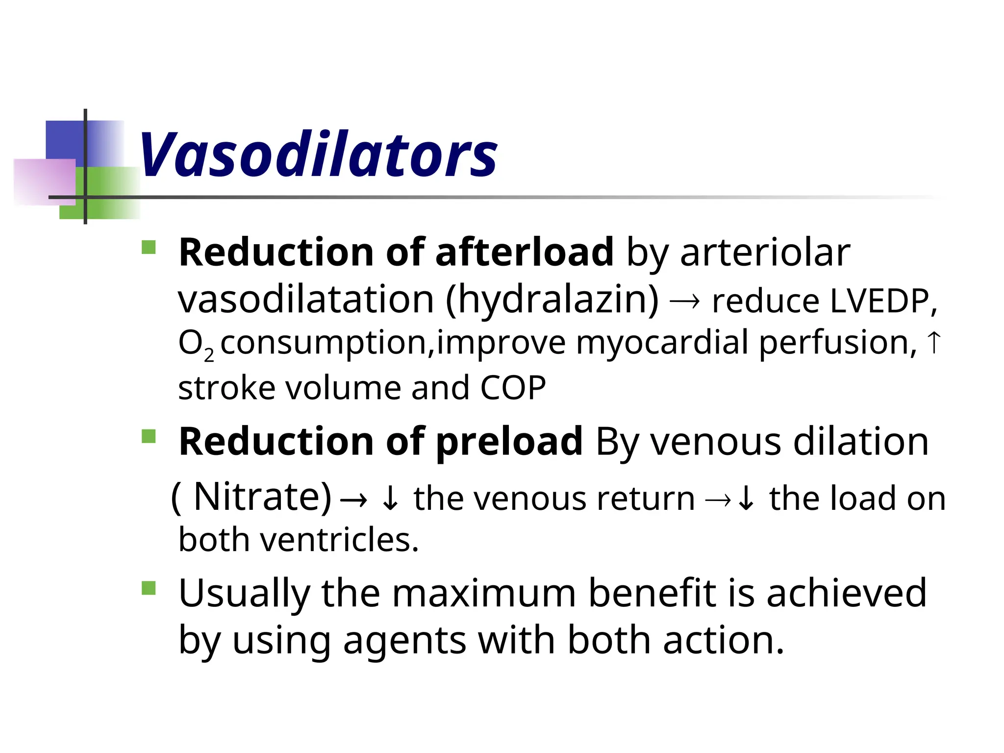 Vasodilators
 Reduction of afterload by arteriolar
vasodilatation (hydralazin)  reduce LVEDP,
O2 consumption,improve myocardial perfusion, 
stroke volume and COP
 Reduction of preload By venous dilation
( Nitrate)  the venous return
↓  the load on
↓
both ventricles.
 Usually the maximum benefit is achieved
by using agents with both action.
 