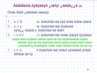 Àëãîðèòìä õýðýãëýõ ¿íäñýí ¿éëäë¿¿ä

(8)

Óòãà îëãîõ ¿éëäëèéí æèøýý:

1. x := 0
2. x := y
3.

/x- õóâüñàã÷èä òýã óòãà îëãîæ áàéíà.
/y- õóâüñàã÷èéí óòãàòàé
òýíö¿¿ óòãûã x- õóâüñàã÷èä îëãîíî
i := i+1
/ i- õóâüñàã÷èéí óòãà íýãýýð íýìýãäýíý

(óòãà îëãîõ òýìäãèéí áàðóóí òàëä áè÷ñýí èëýðõèéëëèéí óòãûã
áîäîõäîî òýíä áè÷ñýí õóâüñàã÷óóäûí óòãûã ñàíàõ îéãîîñ óíøèõ
¿éëäëèéã ã¿éöýòãýäýã, õàðèí óòãà îëãîõäîî ñàíàõ îéä áè÷íý)

1. t := -t

áîëãîæ áè÷íý

/t õóâüñàã÷èéí óòãûí òýìäãèéã ýñðýã

28

 