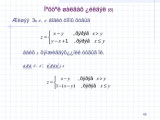 Íºõöºë øàëãàõ ¿éëäýë (8)
Æèøýý 3: õ , ó áîäèò òîîíû õóâüä
 x− y
z=
y − x +1

, õýðýâ x > y
, õýðýâ x ≤ y

áàéõ z õýìæèãäýõ¿¿íèé óòãûã îë.
àðã õ , ó ; ¿ ðä¿ í z
, õýðýâ x > y
 x− y
z=
1 − ( x − y ) , õýðýâ x ≤ y

48

 
