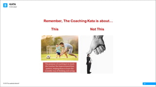 KATA
© 2016 The Leadership Network®
© 2016 Jidoka®
21
Remember, The Coaching Kata is about…
This Not This
The	purpose	of	coaching	is	to	teach	
the	Learner	the	Improvement	Kata	
pattern,	helping	them	to	learn	the	
scientific	way	of	thinking	and	acting
 