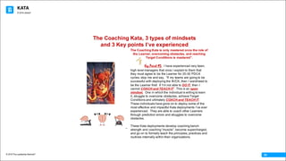 KATA
© 2016 The Leadership Network®
© 2016 Jidoka®
04
The Coaching Kata is only mastered once the role of
the Learner, overcoming obstacles, and reaching
Target Conditions is mastered”.
Key Point #3: I have experienced very keen,
high level managers that once I explain to them that
they must agree to be the Learner for 20-30 PDCA
cycles, stop me and say, “If my teams are going to be
successful with deploying the IK/CK, then I want/need to
be the Learner first! If I‘m not able to DO IT, then I
cannot COACH and TEACH IT”. This is an open
mindset. One in which the individual is willing to learn
it, struggle to overcome obstacles, achieve Target
Conditions and ultimately COACH and TEACH IT.
These individuals have gone on to deploy some of the
most effective and impactful Kata deployments I’ve ever
experienced. They are able to coach other Learners
through prediction errors and struggles to overcome
obstacles.
These Kata deployments develop coaching bench
strength and coaching “muscle”, become supercharged,
and go on to formally teach the principles, practices and
routines internally within their organizations.
The Coaching Kata, 3 types of mindsets
and 3 Key points I’ve experienced
TM
 