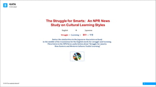 KATA
© 2016 The Leadership Network®
© 2016 Jidoka®
7
The Struggle for Smarts: An NPR News
Study on Cultural Learning Styles
English																	à Japanese
Struggle	 +		Learning =					闘争 +		学習
Notice	the	similarities	in	the	Japanese	characters	or	Kanji
in	the	middle	of	the	translation	for	the	English	words	for	struggle	and	learning.
Then	listen	to	the	NPR	News	audio	below	about	“Struggle	for	smarts:
How	Eastern	and	Western	Cultures	Tackle	Learning”
 