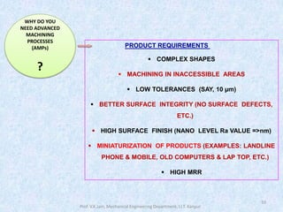 10
PRODUCT REQUIREMENTS
 COMPLEX SHAPES
 MACHINING IN INACCESSIBLE AREAS
 LOW TOLERANCES (SAY, 10 µm)
 BETTER SURFACE INTEGRITY (NO SURFACE DEFECTS,
ETC.)
 HIGH SURFACE FINISH (NANO LEVEL Ra VALUE =>nm)
 MINIATURIZATION OF PRODUCTS (EXAMPLES: LANDLINE
PHONE & MOBILE, OLD COMPUTERS & LAP TOP, ETC.)
 HIGH MRR
WHY DO YOU
NEED ADVANCED
MACHINING
PROCESSES
(AMPs)
?
Prof. V.K.Jain, Mechanical Engineering Department, I.I.T. Kanpur
 