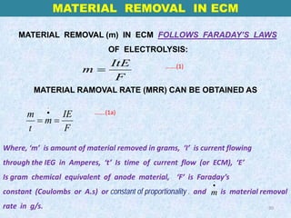 MATERIAL REMOVAL (m) IN ECM FOLLOWS FARADAY’S LAWS
OF ELECTROLYSIS:
MATERIAL RAMOVAL RATE (MRR) CAN BE OBTAINED AS
F
ItE
m =
.
m IE
m
t F
•
= =
MATERIAL REMOVAL IN ECM
30
Where, ‘m’ is amount of material removed in grams, ‘I’ is current flowing
through the IEG in Amperes, ‘t’ Is time of current flow (or ECM), ‘E’
Is gram chemical equivalent of anode material, ‘F’ is Faraday’s
constant (Coulombs or A.s) or constant of proportionality . and is material removal
rate in g/s.
.
m
•
…….(1)
…….(1a)
 