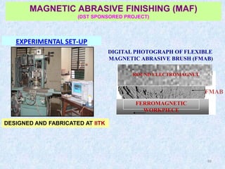 88
EXPERIMENTAL SET-UP
DESIGNED AND FABRICATED AT IITK
MAGNETIC ABRASIVE FINISHING (MAF)
(DST SPONSORED PROJECT)
FERROMAGNETIC
WORKPIECE
ROUND ELECTROMAGNET
FMAB
DIGITAL PHOTOGRAPH OF FLEXIBLE
MAGNETIC ABRASIVE BRUSH (FMAB)
 