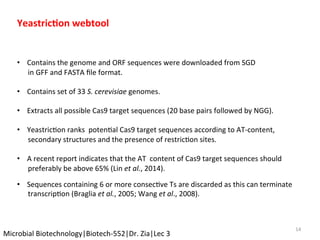 14	
Yeastric$on	webtool		
	
	
	
•  Contains	the	genome	and	ORF	sequences	were	downloaded	from	SGD	
						in	GFF	and	FASTA	ﬁle	format.	
•  Contains	set	of	33	S.	cerevisiae	genomes.		
	
•  Extracts	all	possible	Cas9	target	sequences	(20	base	pairs	followed	by	NGG).	
	
•  YeastricKon	ranks		potenKal	Cas9	target	sequences	according	to	AT-content,		
						secondary	structures	and	the	presence	of	restricKon	sites.	
•  A	recent	report	indicates	that	the	AT		content	of	Cas9	target	sequences	should		
						preferably	be	above	65%	(Lin	et	al.,	2014).		
	
•  Sequences	containing	6	or	more	consecKve	Ts	are	discarded	as	this	can	terminate		
						transcripKon	(Braglia	et	al.,	2005;	Wang	et	al.,	2008).		
	
Microbial	Biotechnology|Biotech-552|Dr.	Zia|Lec	3	
 
