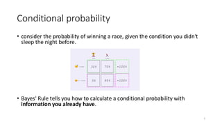 Conditional probability
• consider the probability of winning a race, given the condition you didn't
sleep the night before.
• Bayes' Rule tells you how to calculate a conditional probability with
information you already have.
3
 