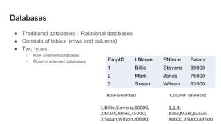 Databases
● Traditional databases : Relational databases
● Consists of tables (rows and columns)
● Two types:
○ Row oriented databases
○ Column oriented databases
 