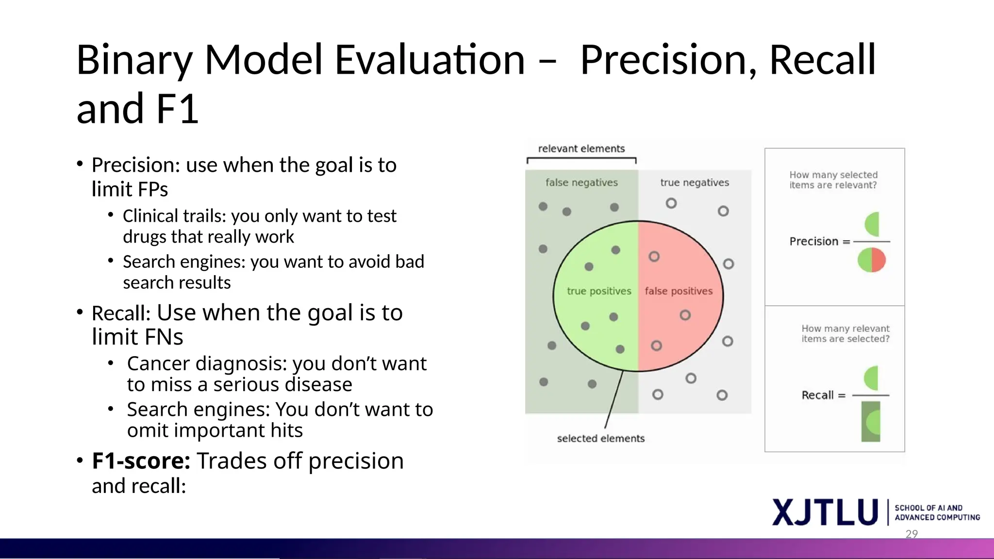 29 Binary Model Evaluation – Precision, Recall and F1 • Precision: use when the goal is to limit FPs • Clinical trails: you only want to test drugs that really work • Search engines: you want to avoid bad search results • Recall: Use when the goal is to limit FNs • Cancer diagnosis: you don’t want to miss a serious disease • Search engines: You don’t want to omit important hits • F1-score: Trades off precision and recall: 