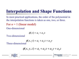 Interpolation and Shape Functions
In most practical applications, the order of the polynomial in
the interpolation functions is taken as one, two, or three.
For n = 1 (linear model)
One-dimensional
Two-dimensional
Three-dimensional
1 2
( )
x a a x
 = +
1 2 3
( , )
x y a a x a y
 = + +
1 2 3 4
( , , )
x y z a a x a y a z
 = + + +
 