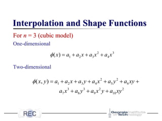 Interpolation and Shape Functions
For n = 3 (cubic model)
One-dimensional
Two-dimensional
2 3
1 2 3 4
( )
x a a x a x a x
 = + + +
2 2
1 2 3 4 5 6
3 3 2 2
7 8 9 10
( , )
x y a a x a y a x a y a xy
a x a y a x y a xy
 = + + + + + +
+ + +
 