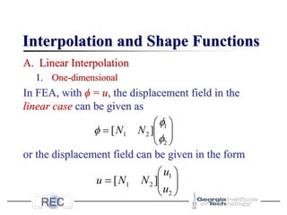 Interpolation and Shape Functions
A. Linear Interpolation
1. One-dimensional
In FEA, with ϕ = u, the displacement field in the
linear case can be given as
or the displacement field can be given in the form








=
2
1
2
1 ]
[


 N
N








=
2
1
2
1 ]
[
u
u
N
N
u
 