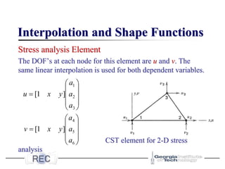 Interpolation and Shape Functions
Stress analysis Element
The DOF’s at each node for this element are u and v. The
same linear interpolation is used for both dependent variables.
CST element for 2-D stress
analysis










=
3
2
1
]
1
[
a
a
a
y
x
u










=
6
5
4
]
1
[
a
a
a
y
x
v
 
