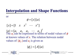 Interpolation and Shape Functions
or
The ai can be expressed in terms of nodal values of 
at known values of x. The relation between nodal
values of {ϕe }and ai is given as
}
]{
[ a
x
=

]
1
[
]
[ 2 n
x
x
x
x 
=
1 2 3
{ } [ ]
T
m
a a a a a
=
}
]{
[
}
{ a
A
e =

 