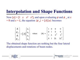 Interpolation and Shape Functions
Now [x] = [1 x x2 x3], and upon evaluating ϕ and ϕ ,x at x
= 0 and x = L, the equation {ϕ e} = [A]{a} becomes
The obtained shape function are nothing but the four lateral
displacements and rotations of beam nodes.
 
1 1
, 1 2
2 3
, 2 4
x
x
a
a
A
a
a




   
   
   
=
   
   
   
 
 
 