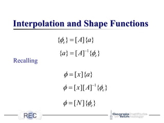 Interpolation and Shape Functions
Recalling
}
{
]
[
}
{ 1
e
A
a 
−
=
}
{
]
][
[ 1
e
A
x 
 −
=
}
]{
[ e
N 
 =
}
]{
[
}
{ a
A
e =

}
]{
[ a
x
=

 